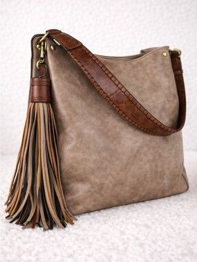 Jen & Co Boho Tassel Hobo Bag Taupe Brown Vegan Leather Shoulder Purse